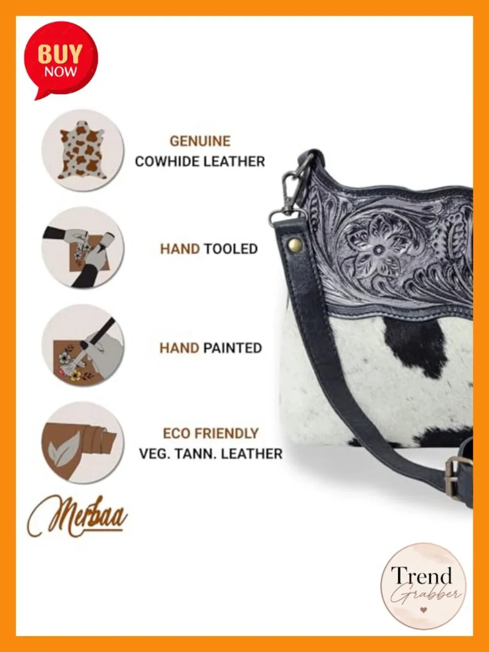 Women's Cowhide Leather Crossbody Sling Bag with Adjustable Strap